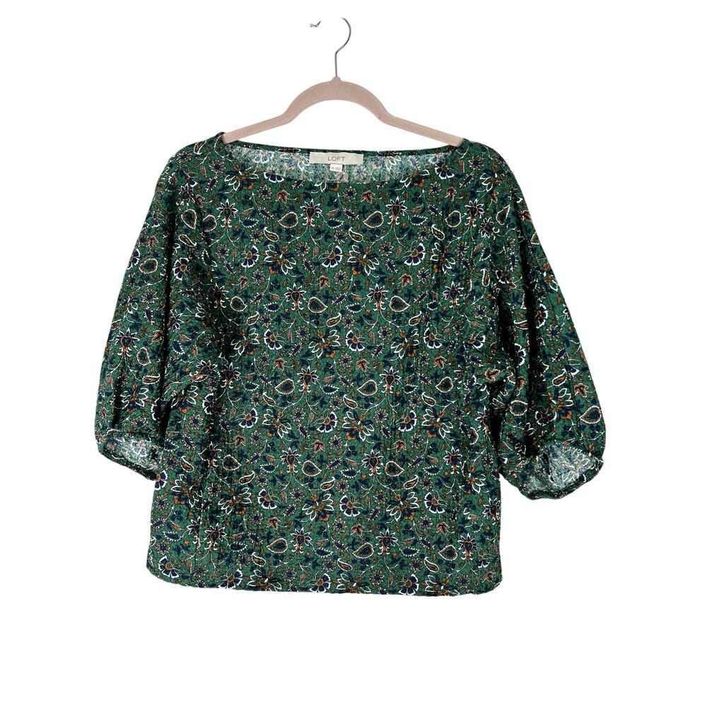 Loft Green Paisley Vine Pleated Elbow Sleeve Boatneck Boxy Blouse Top Size XS